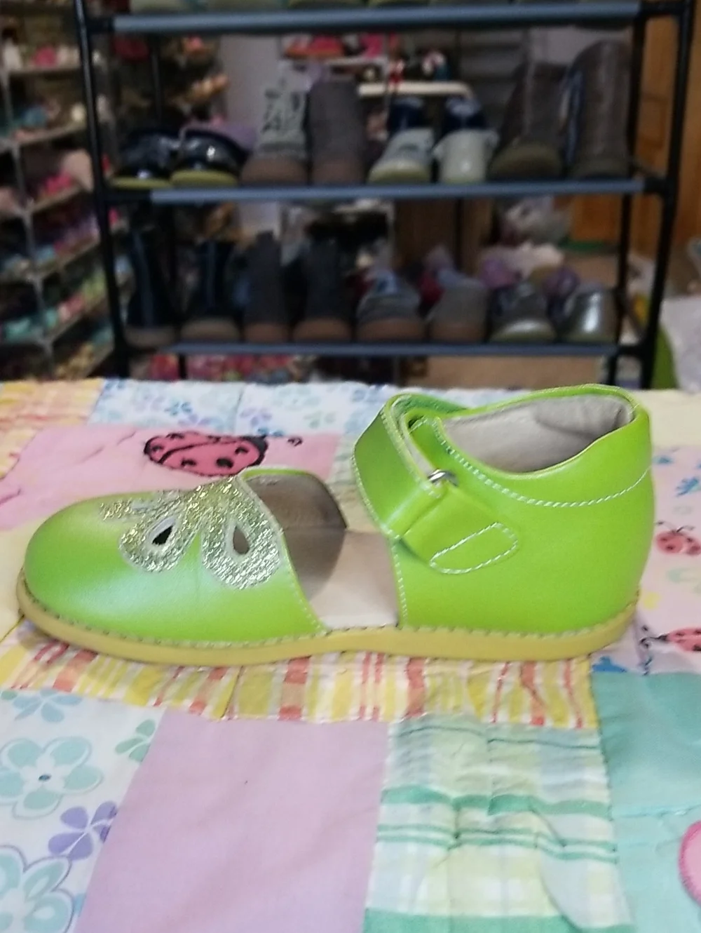 Livie & Luca Lime Green Leather Mary Jane Shoes with Glitter Size 12 Petals